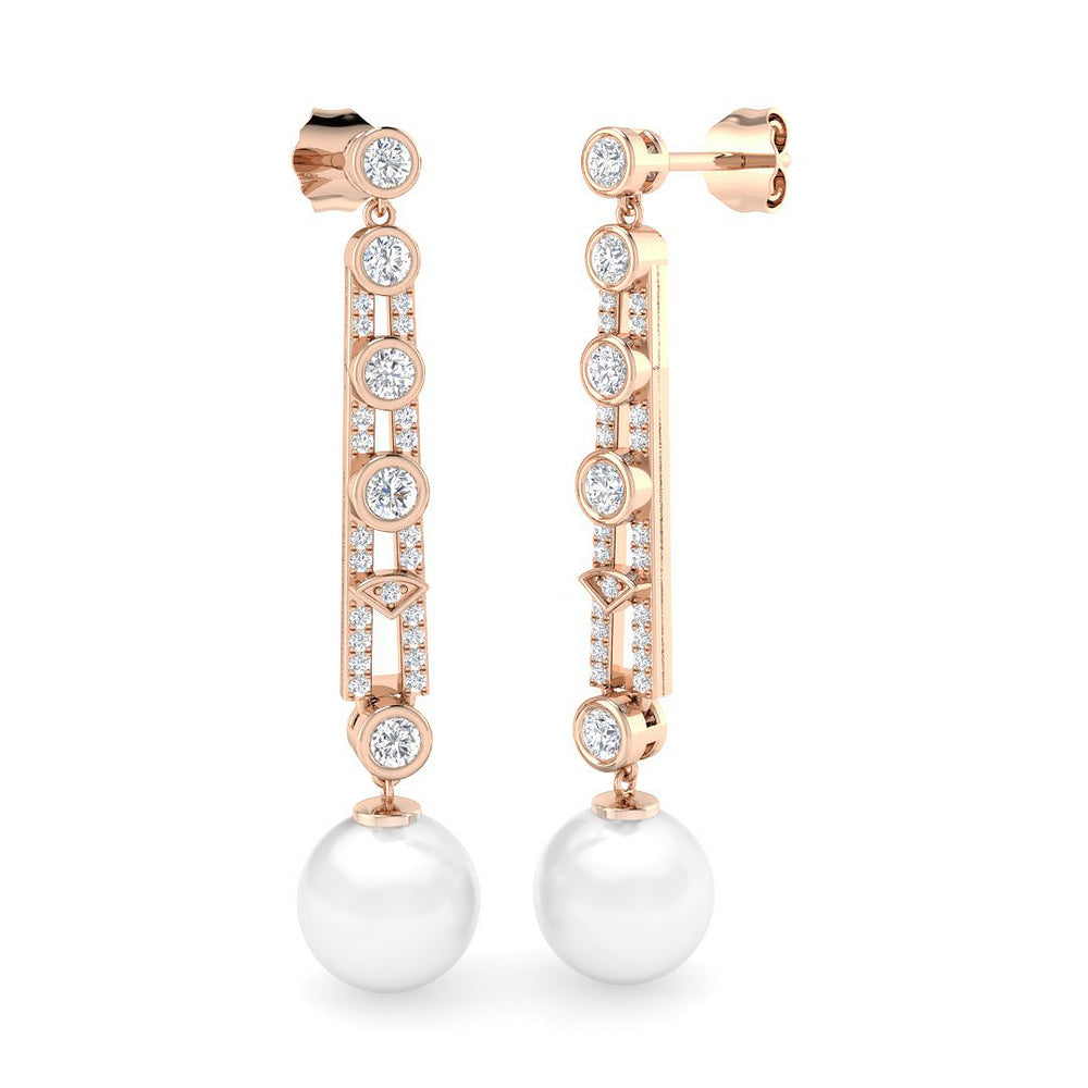 Pearl Diamond Drop Earrings, bezel set, push back