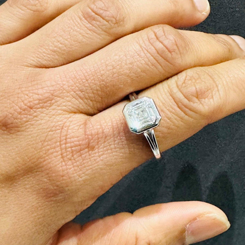 Asscher Cut Lab Grown Diamond Bezel Set Solitaire Ring in 9K White Gold Bezel Set