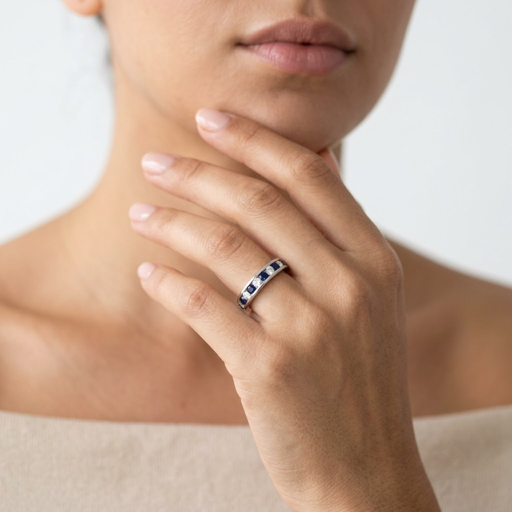 Blue Sapphire & Diamond Full Eternity Wedding Ring | UK Hallmarked