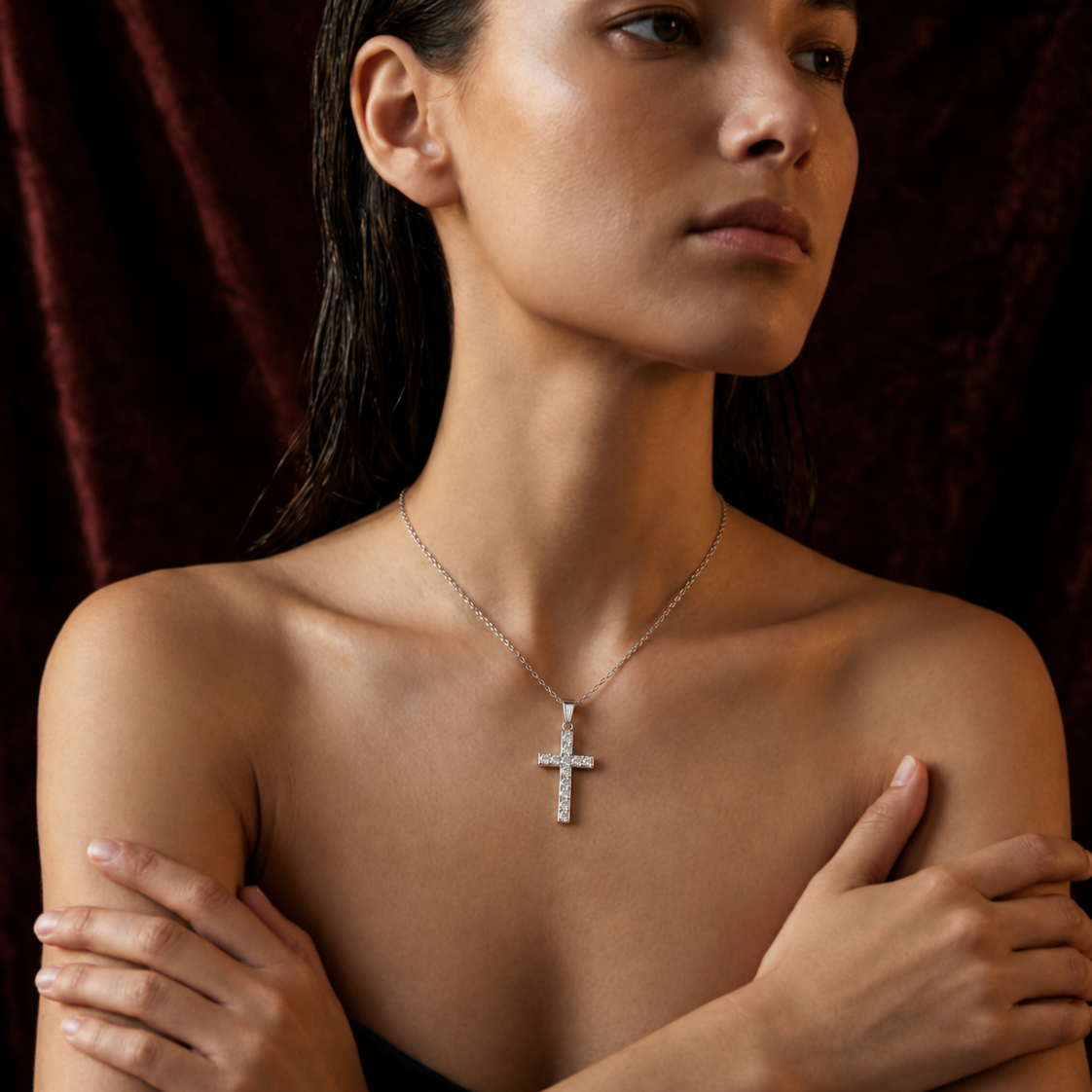 1Ct Lab Diamond Cross Pendant Necklace in 9K Gold