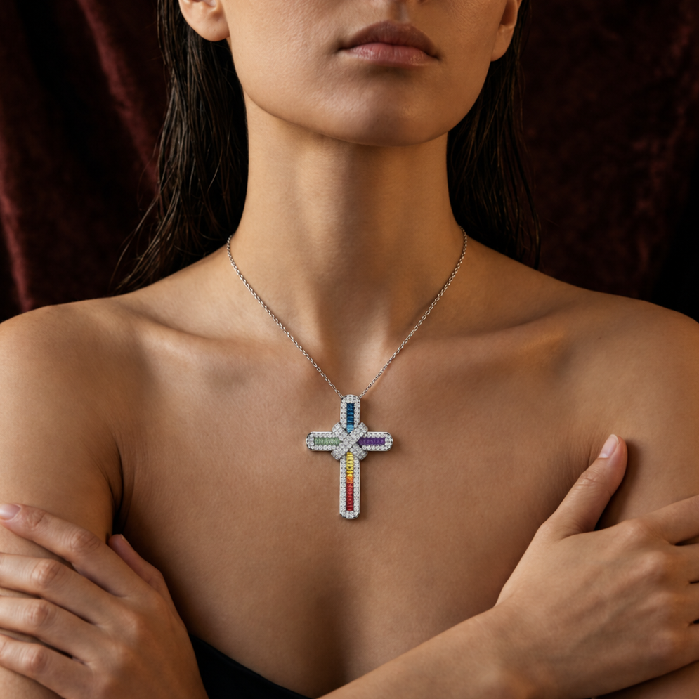 Rainbow Cross Pendant | Multicolor Diamond Cross Necklace | UK Made