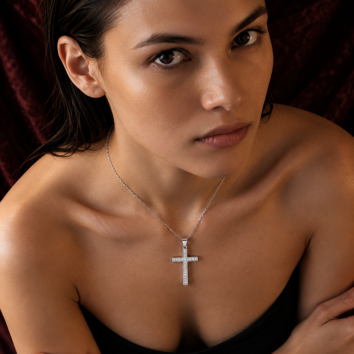 1Ct Lab Diamond Cross Pendant Necklace in 9K Gold