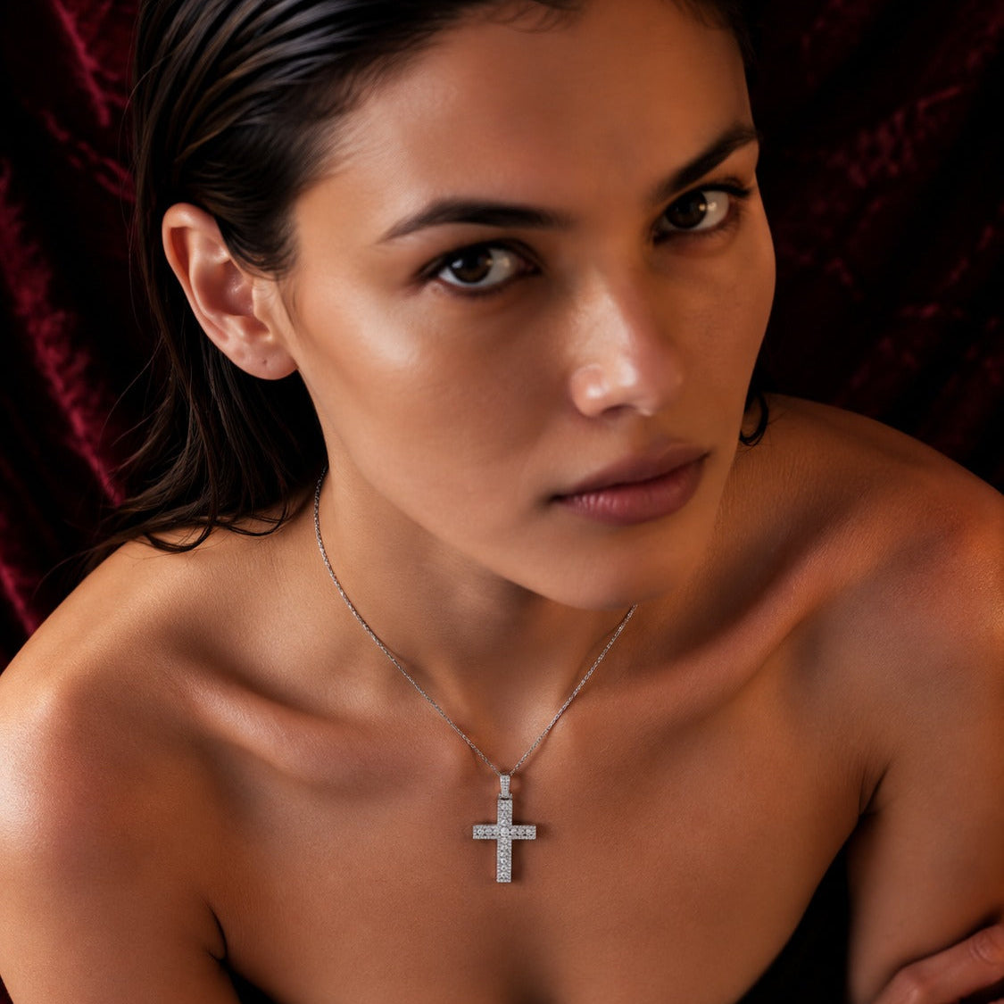 Round Pave Diamond Cross Necklace in Gold or Platinum - UK Made