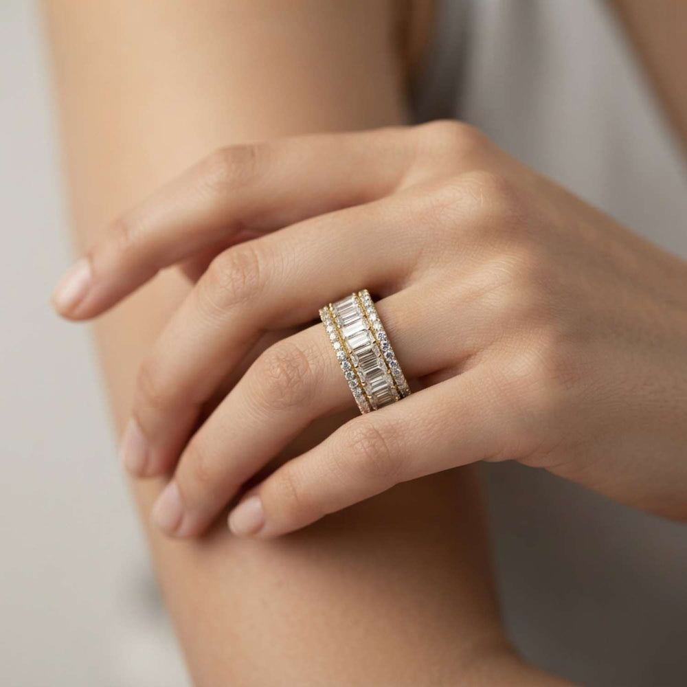 Baguette & Round Diamond Triple Row Eternity Ring Birthday Gift