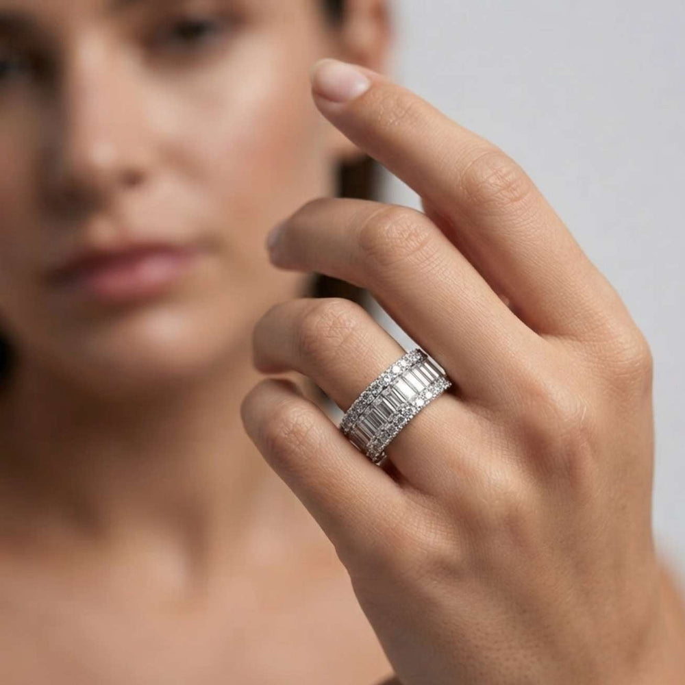 Baguette & Round Diamond Triple Row Eternity Ring Christmas Gift