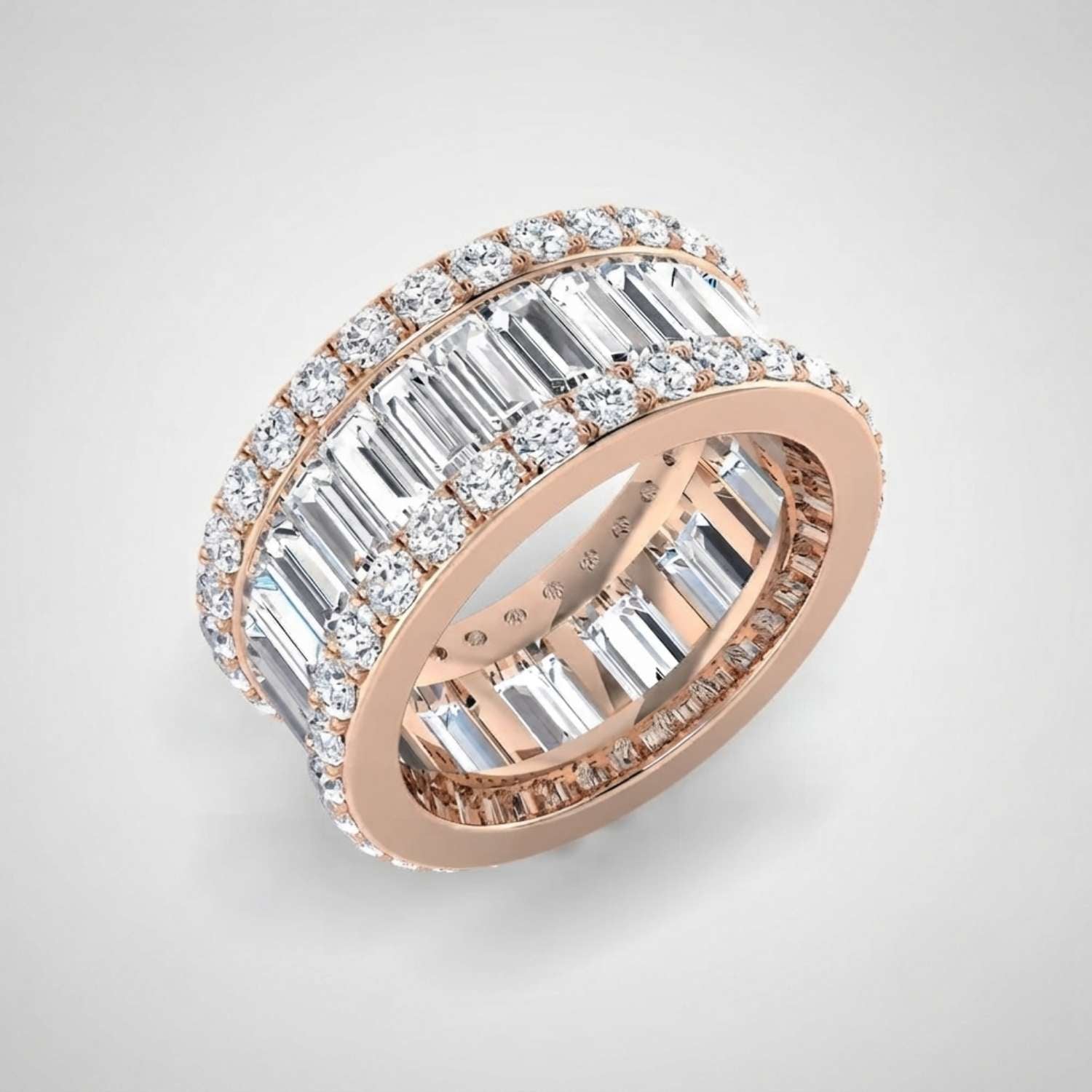 Baguette & Round Diamond Triple Row Eternity Ring Valentines Gift