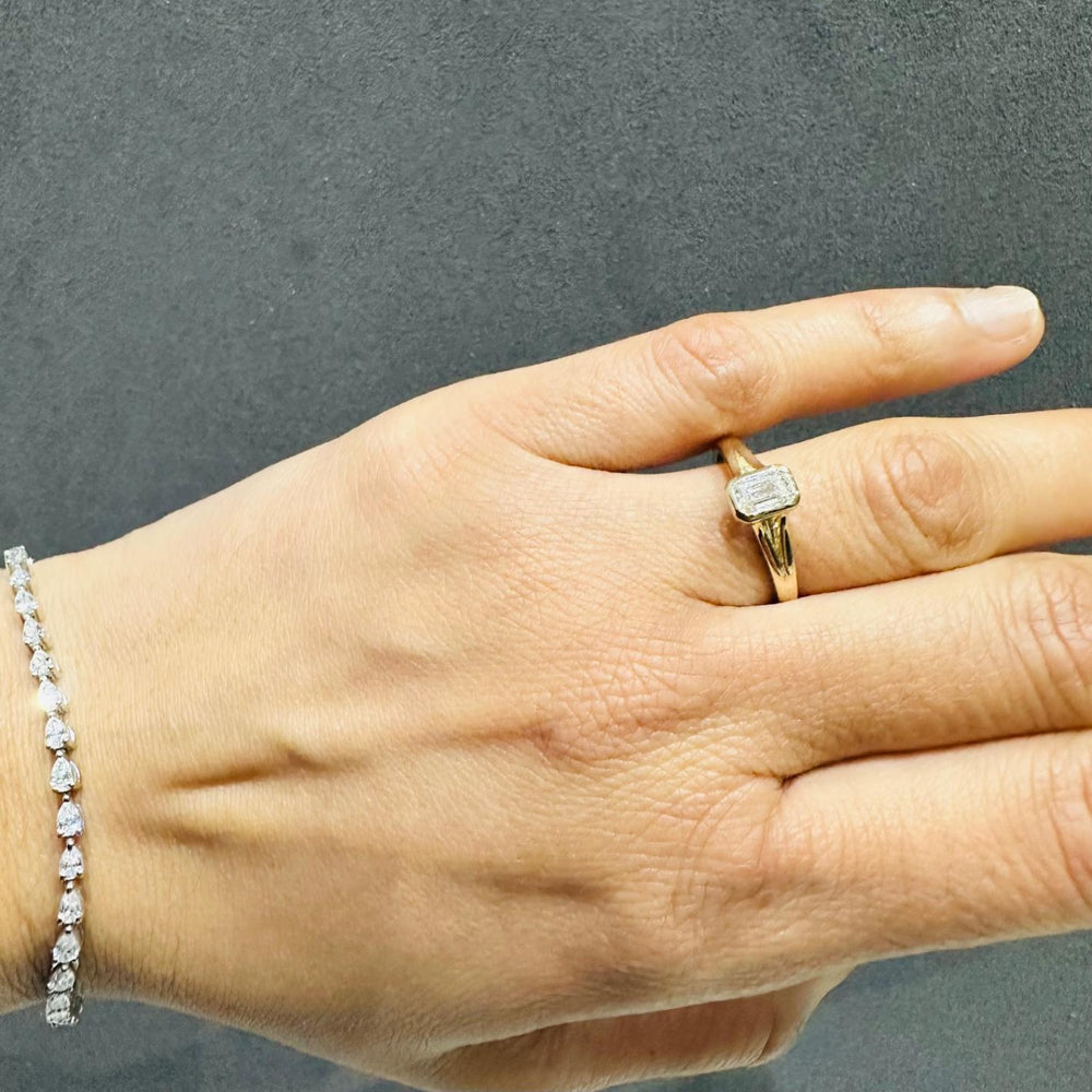 IGI Certified Emerald Cut Lab Grown Diamond Bezel Set Solitaire Ring 9K Yellow Gold Promise Ring