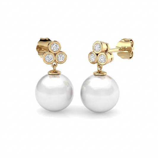 Round Pearl Diamond Drop Earrings for Women