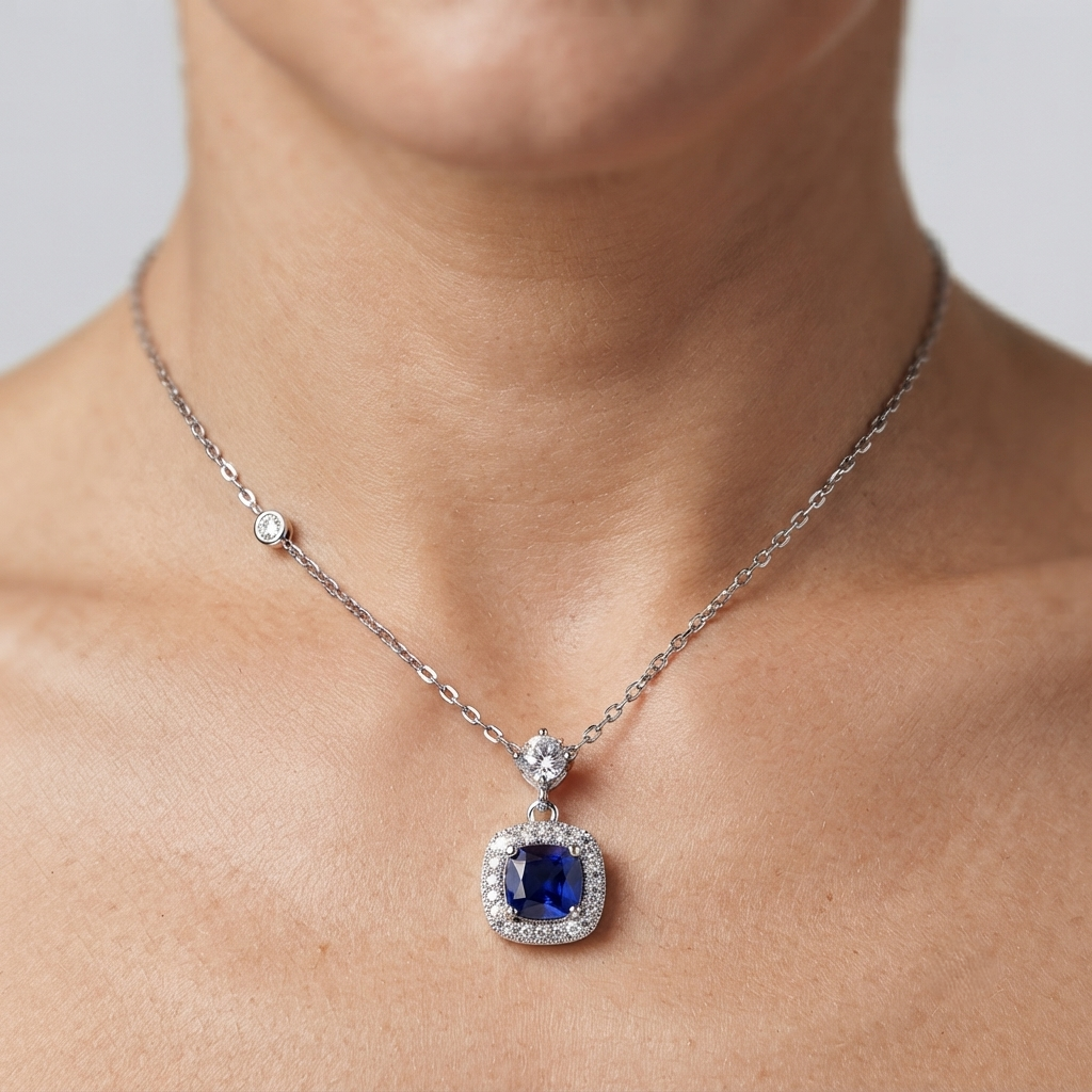 Sapphire and Diamond Halo Pendant | Cushion Cut Sapphire Pendant in Silver Without Chain