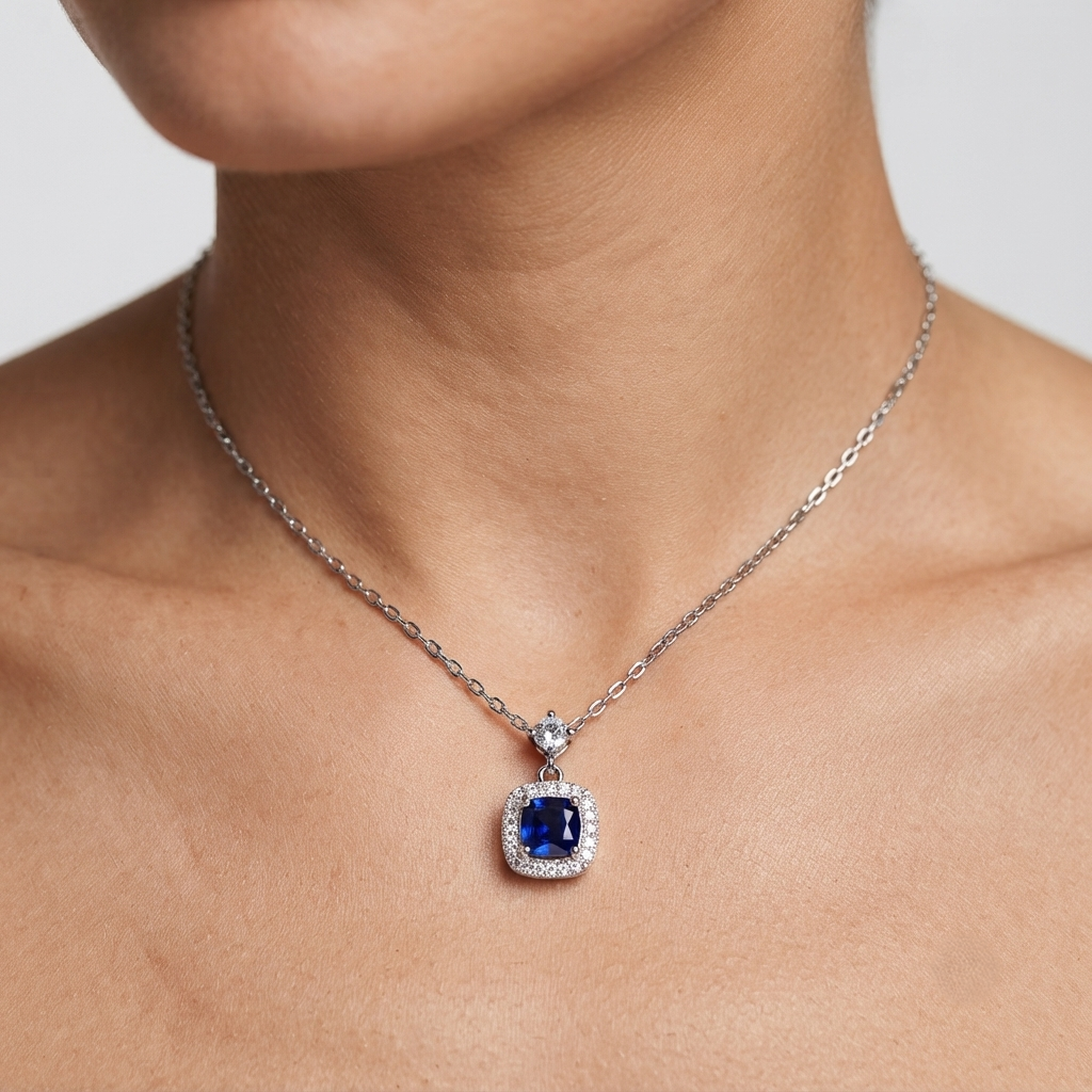 Sapphire and Diamond Halo Pendant | Cushion Cut Sapphire Pendant in Silver Without Chain
