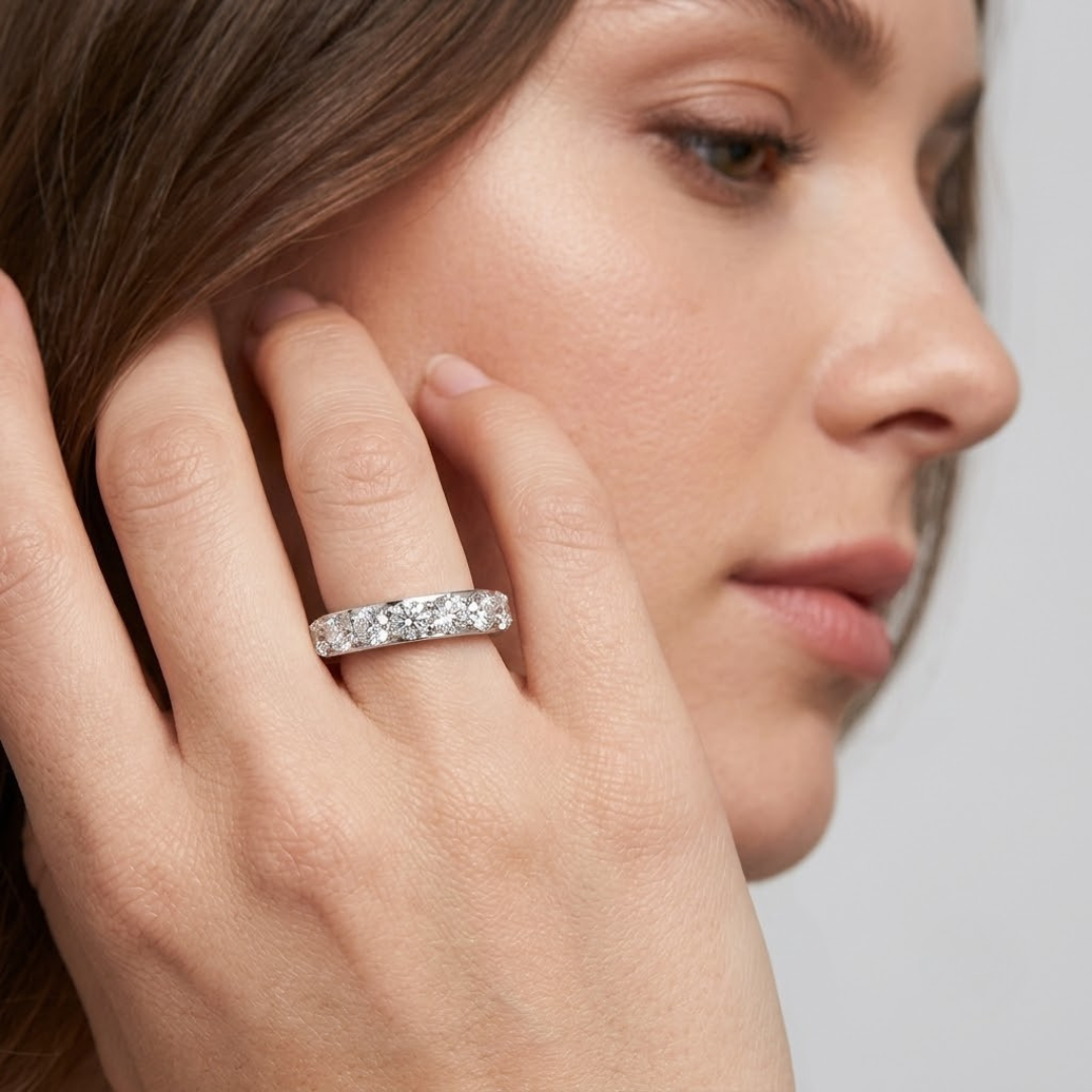 Elegant bridal round lab diamond half eternity ring, UK made.