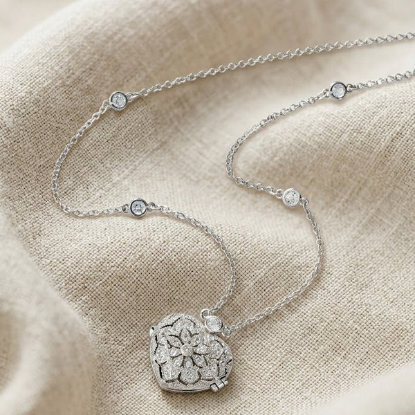 Vintage Heart Locket Necklace with Lab Diamond & White Topaz in 925 Silver