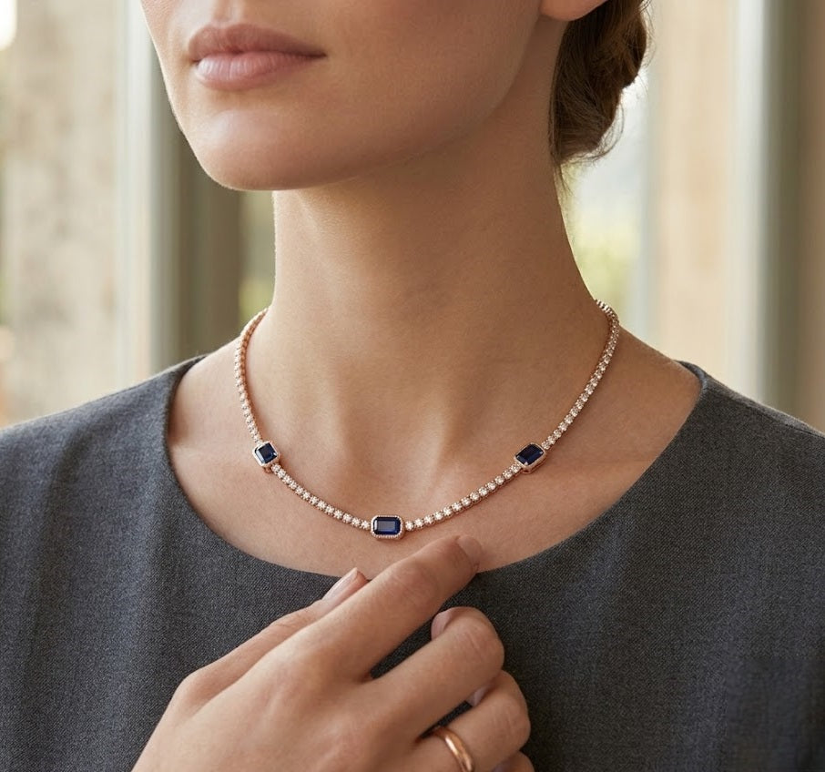 Luxury Square Cut Sapphire Diamond Necklace in White Gold
