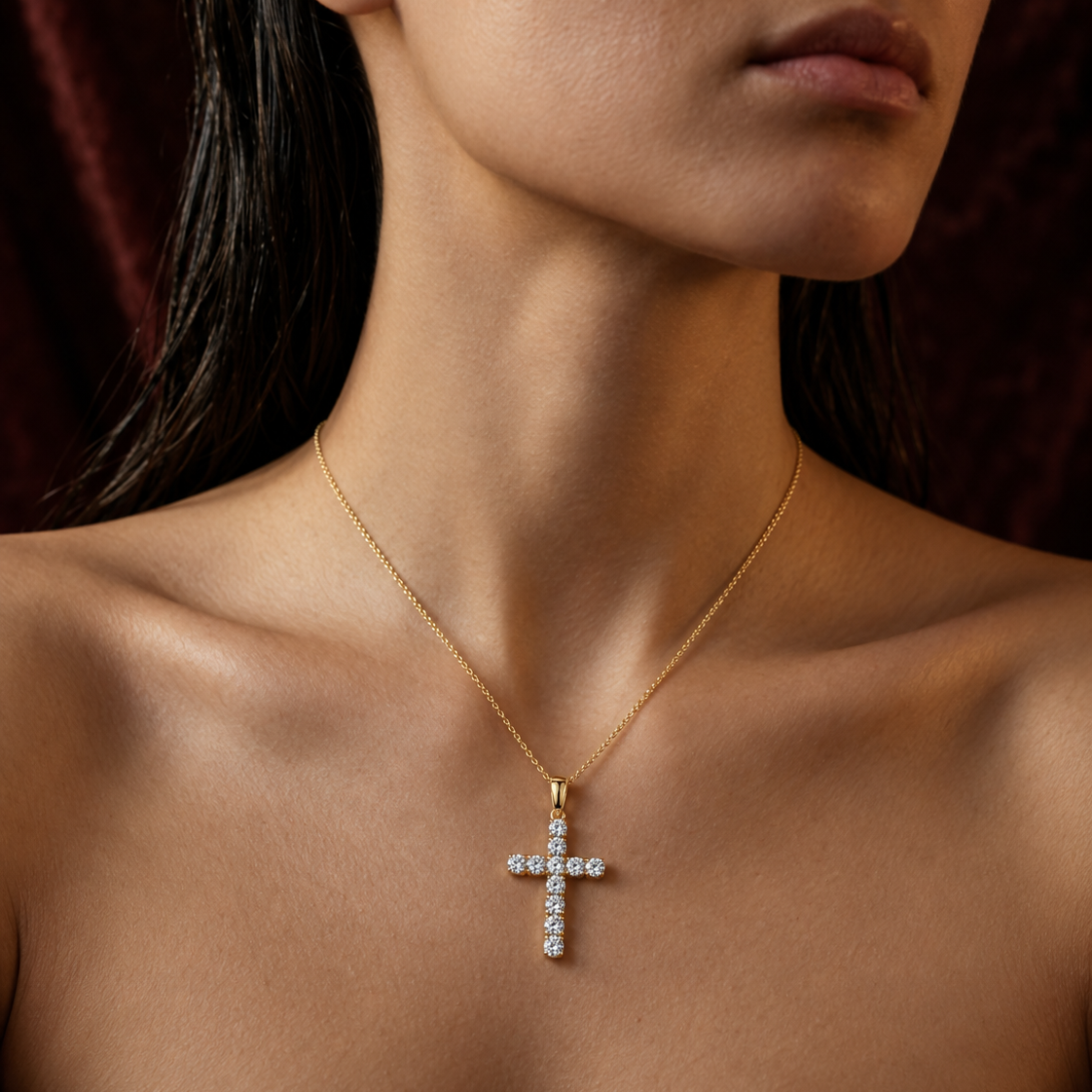 Lab Diamond Cross Necklace Pendant 0.22ct in 18K Gold Vermeil