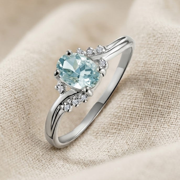 Aquamarine 0.70CT And Diamond 9K White Gold Ring
