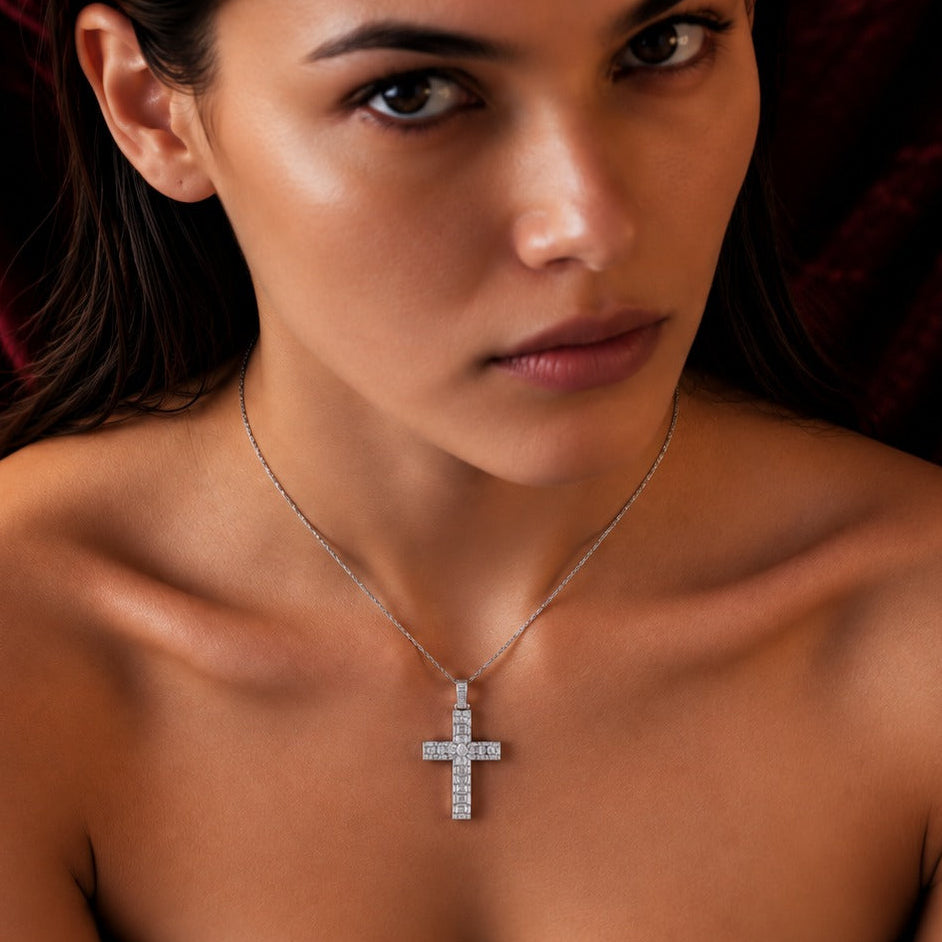 Round Pave Diamond Cross Necklace in Gold or Platinum - UK Made