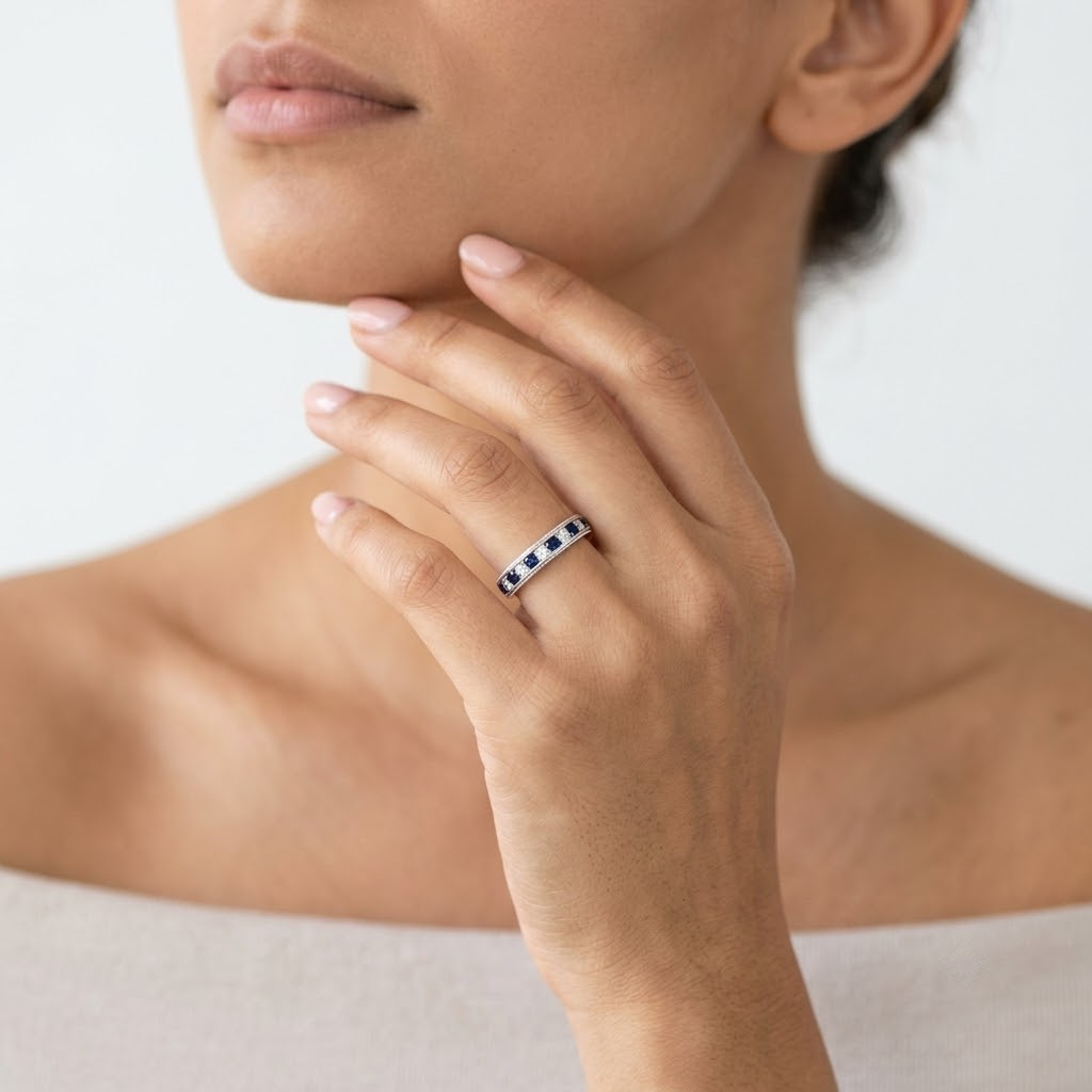 Blue Sapphire & Diamond Full Eternity Wedding Ring | UK Hallmarked