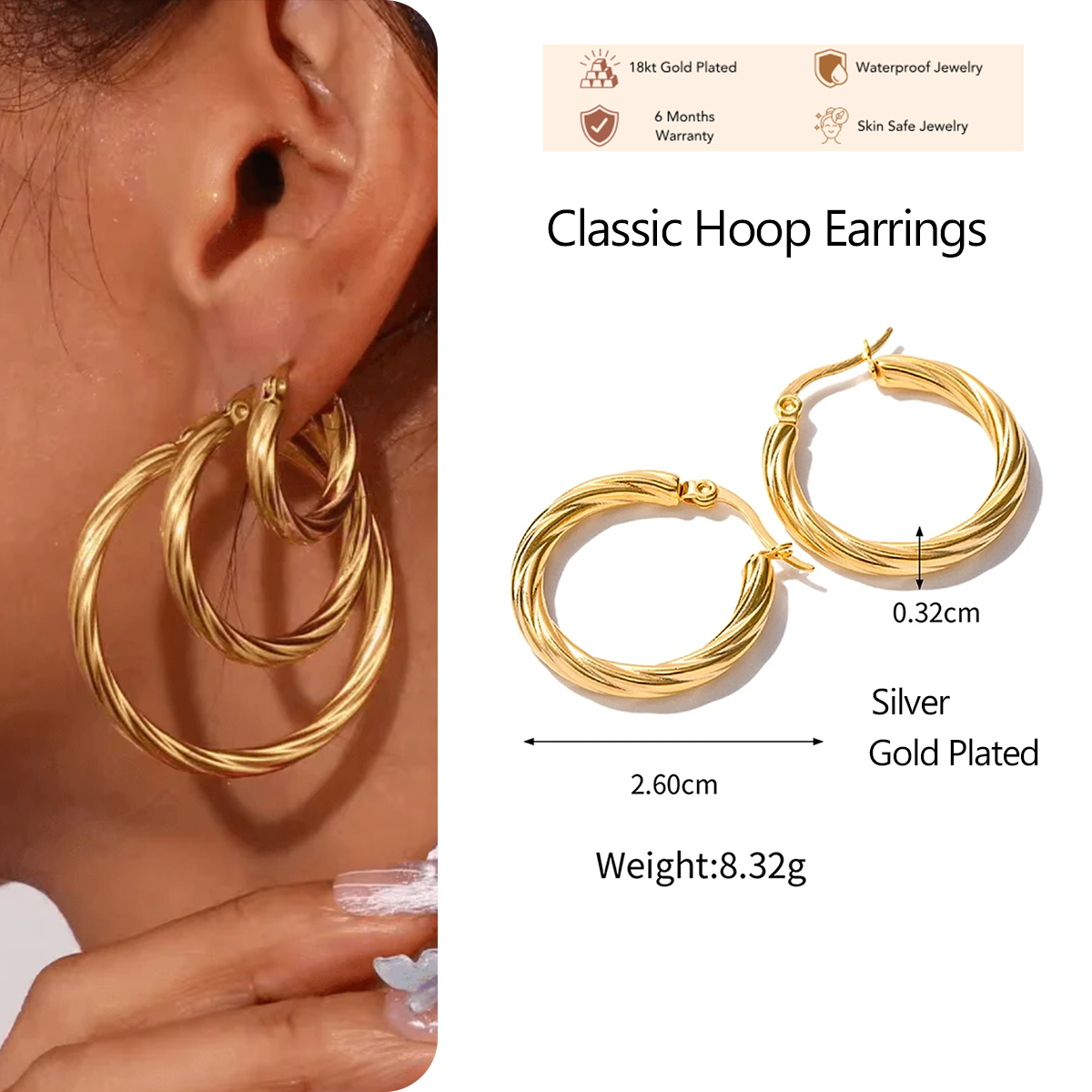 Boucles d'oreilles créoles classiques argentées torsadées plaquées or, légères et hypoallergéniques.