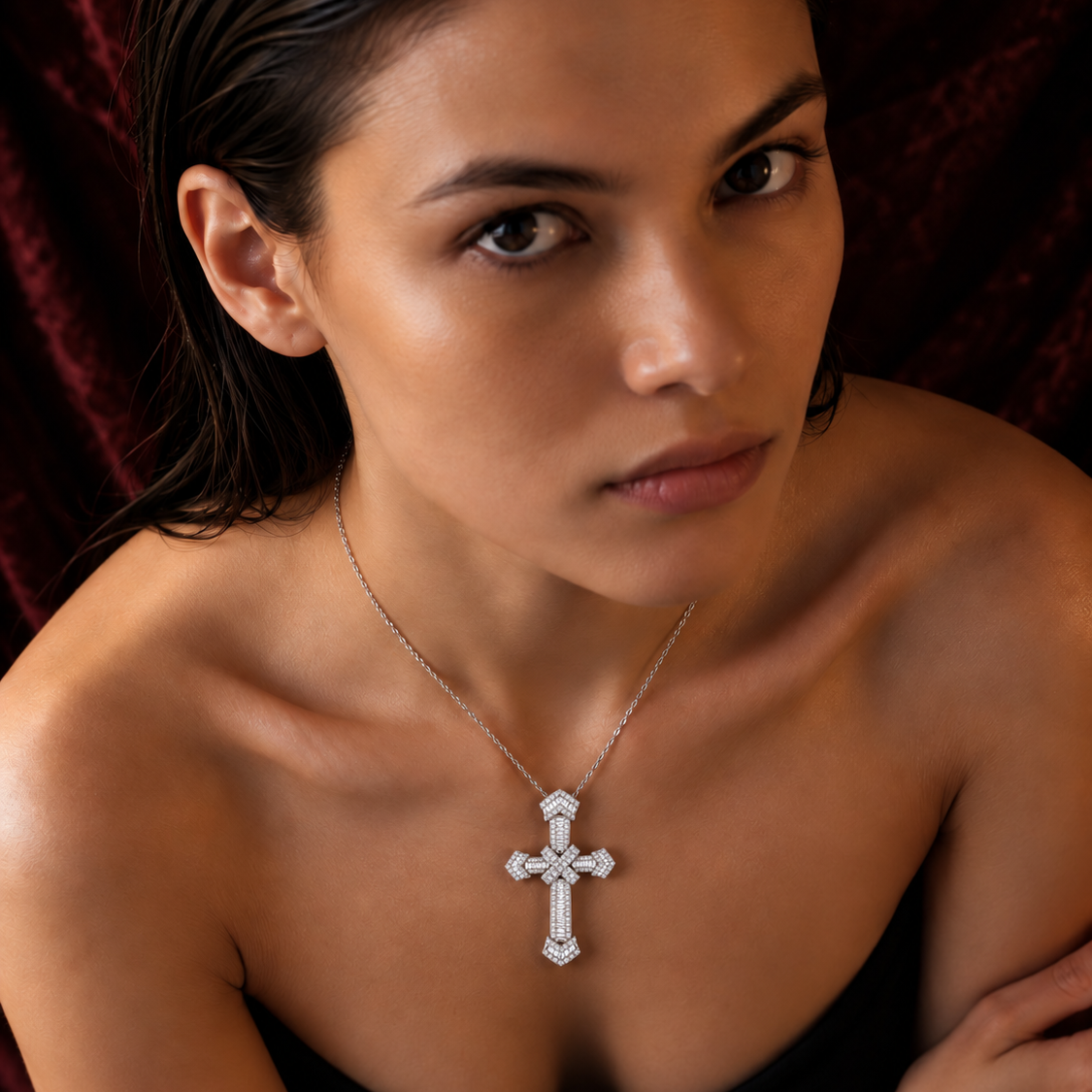 Baguette & Round Diamond Knot Cross Pendant Necklace | UK Hallmarked