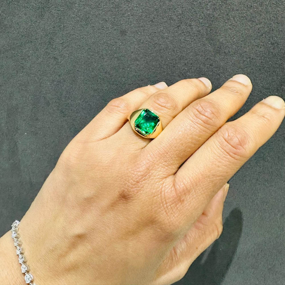 3 Carat Lab Created Solitaire Cushion Cut Emerald Gemstone Ring in 18K Yellow Gold