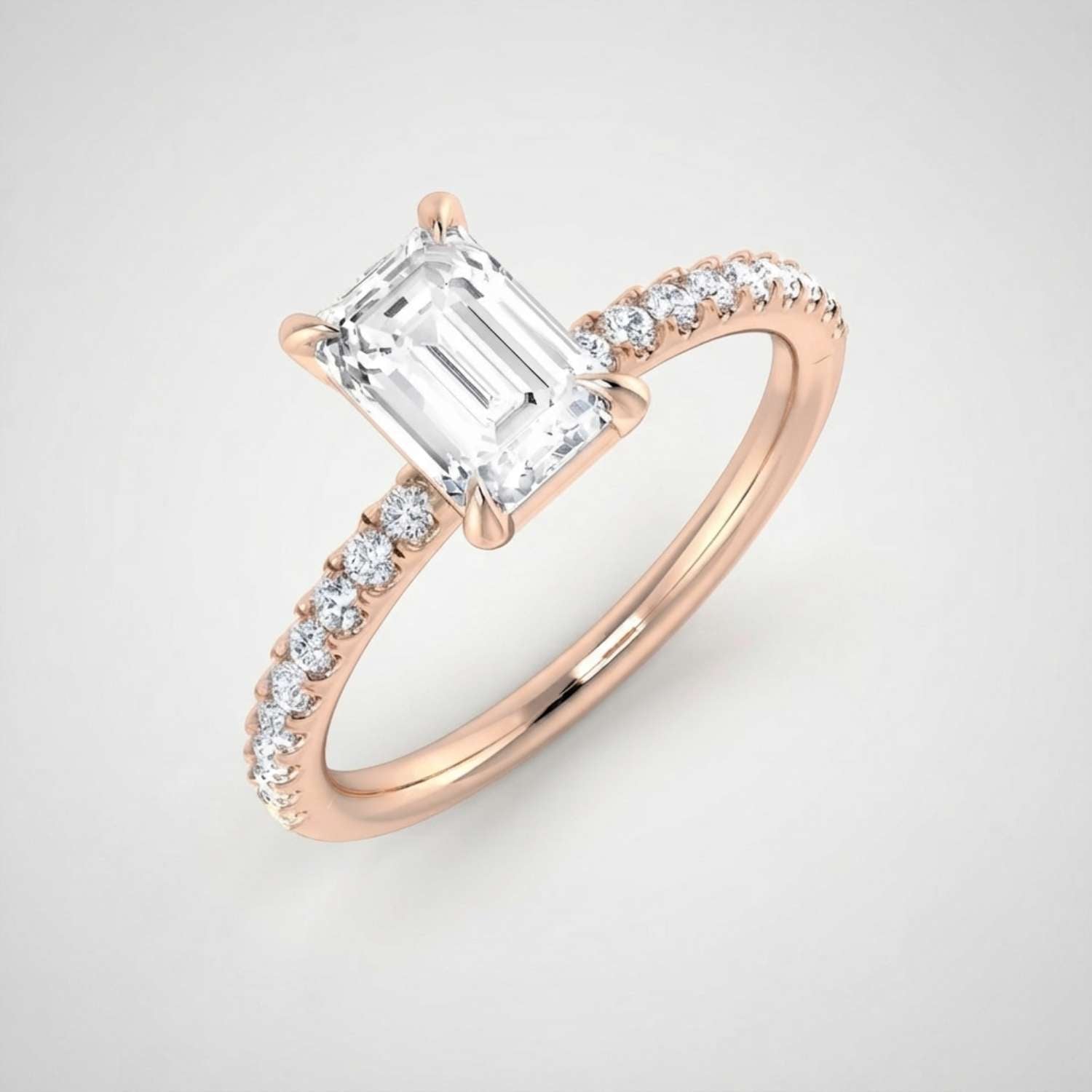 High-resolution macro shot of a D color VVS clarity emerald-cut lab-grown diamond solitaire.