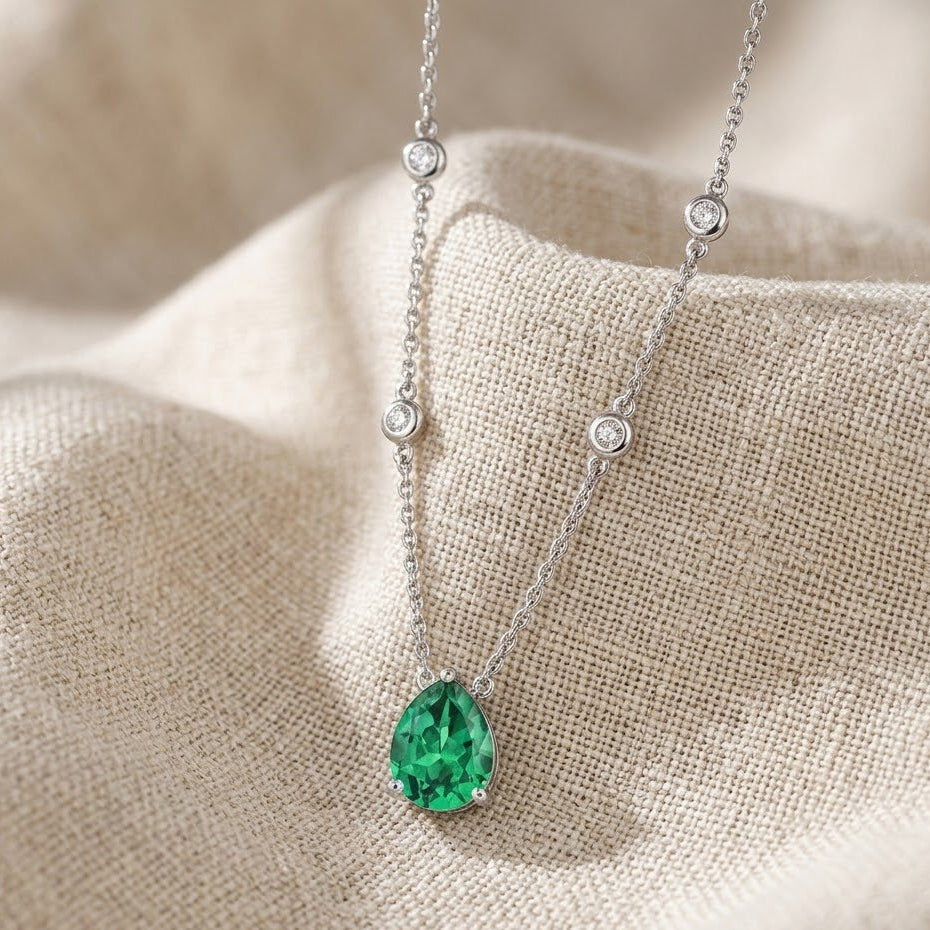 2.40ct Lab Emerald and Diamond Pear Cut Solitaire Necklace in Silver