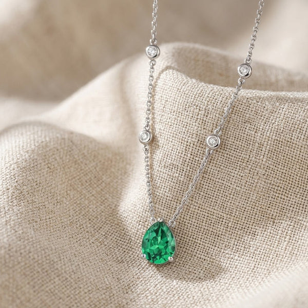 Lab Emerald and Diamond Teardrop Solitaire Necklace in Silver - 2.40ct