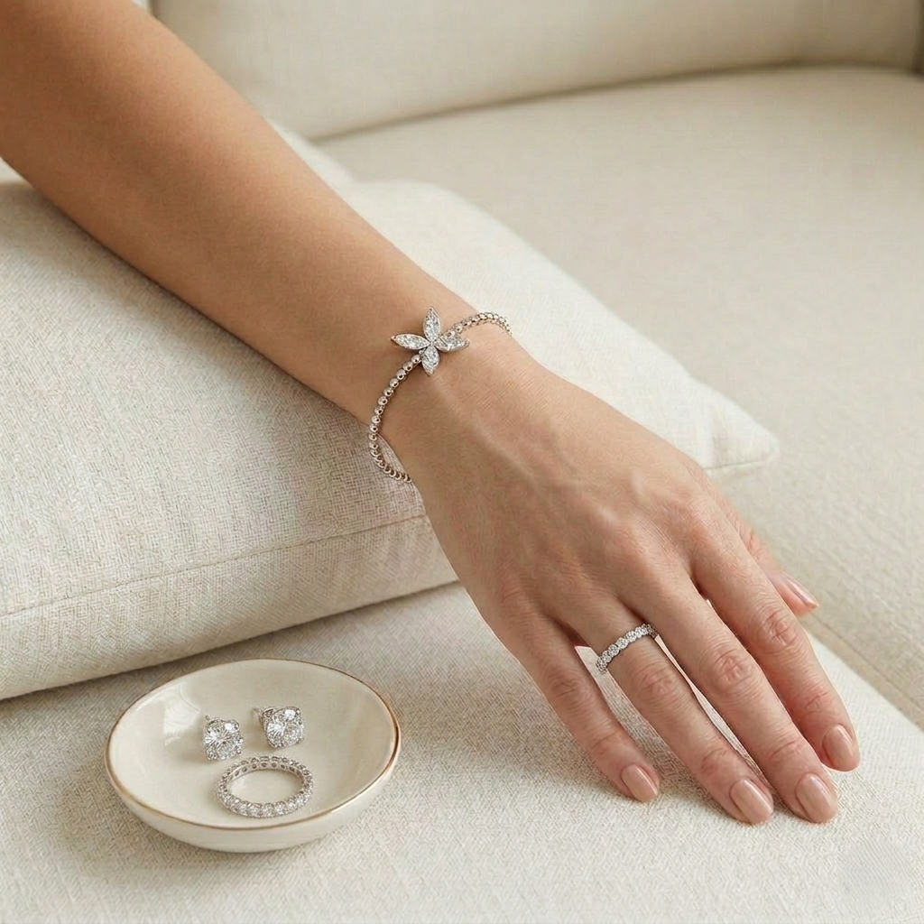9K White Gold Natural Round Cut Diamond Flower Style Beaded Fancy Bangle