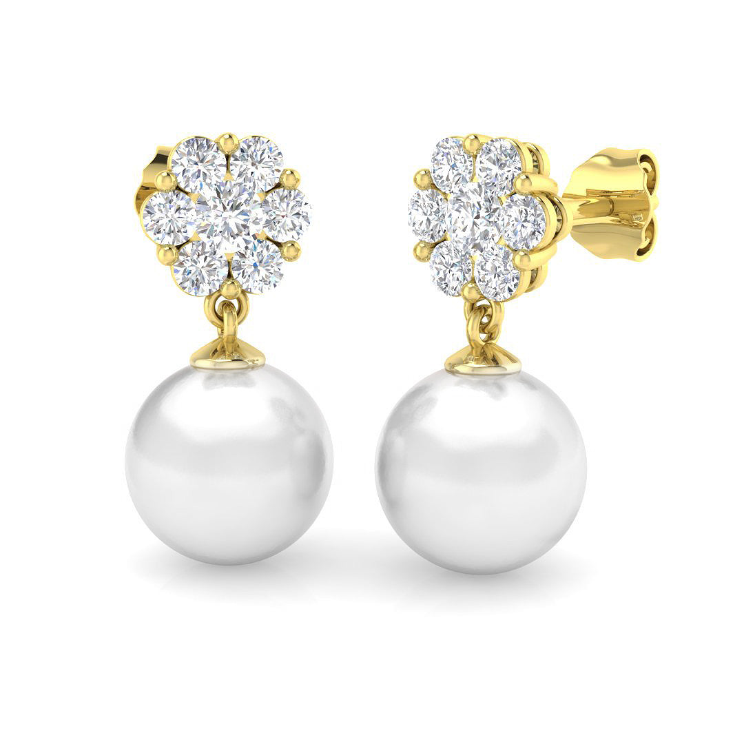 Round Diamond Flower Pearl Drop Earrings
