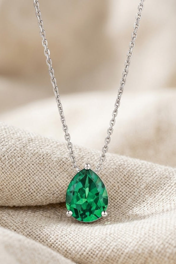 2.40ct Lab Emerald and Diamond Pear Cut Solitaire Necklace in Silver