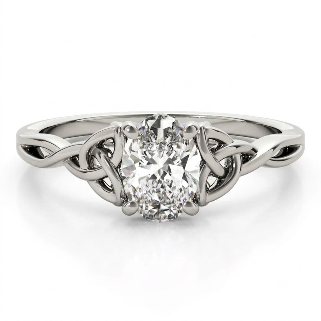 IGI Lab-Grown Oval Diamond 4 Claw Celtic Knot Solitaire Engagement Ring, D Color VVS Clarity