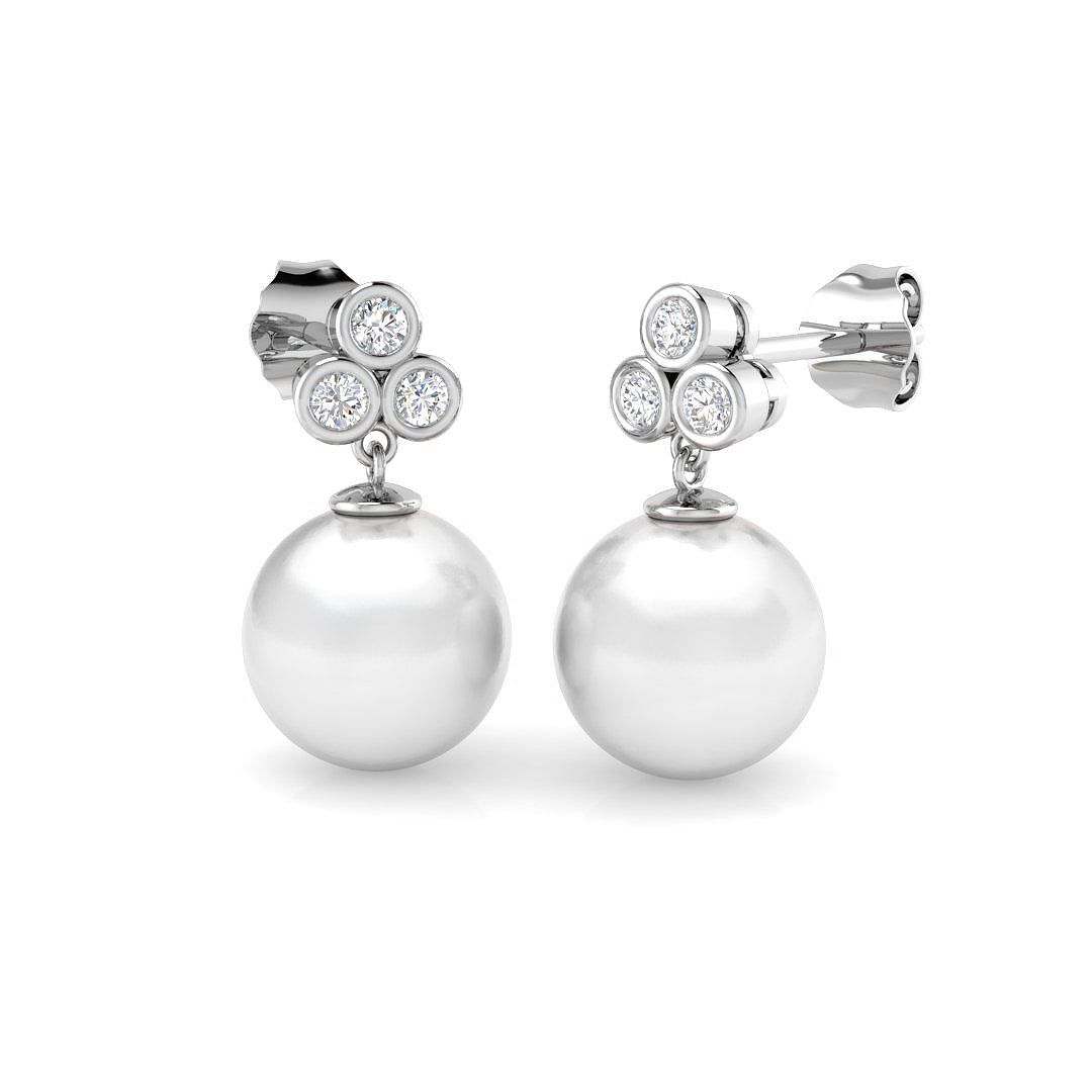 Round Pearl Diamond Drop Earrings