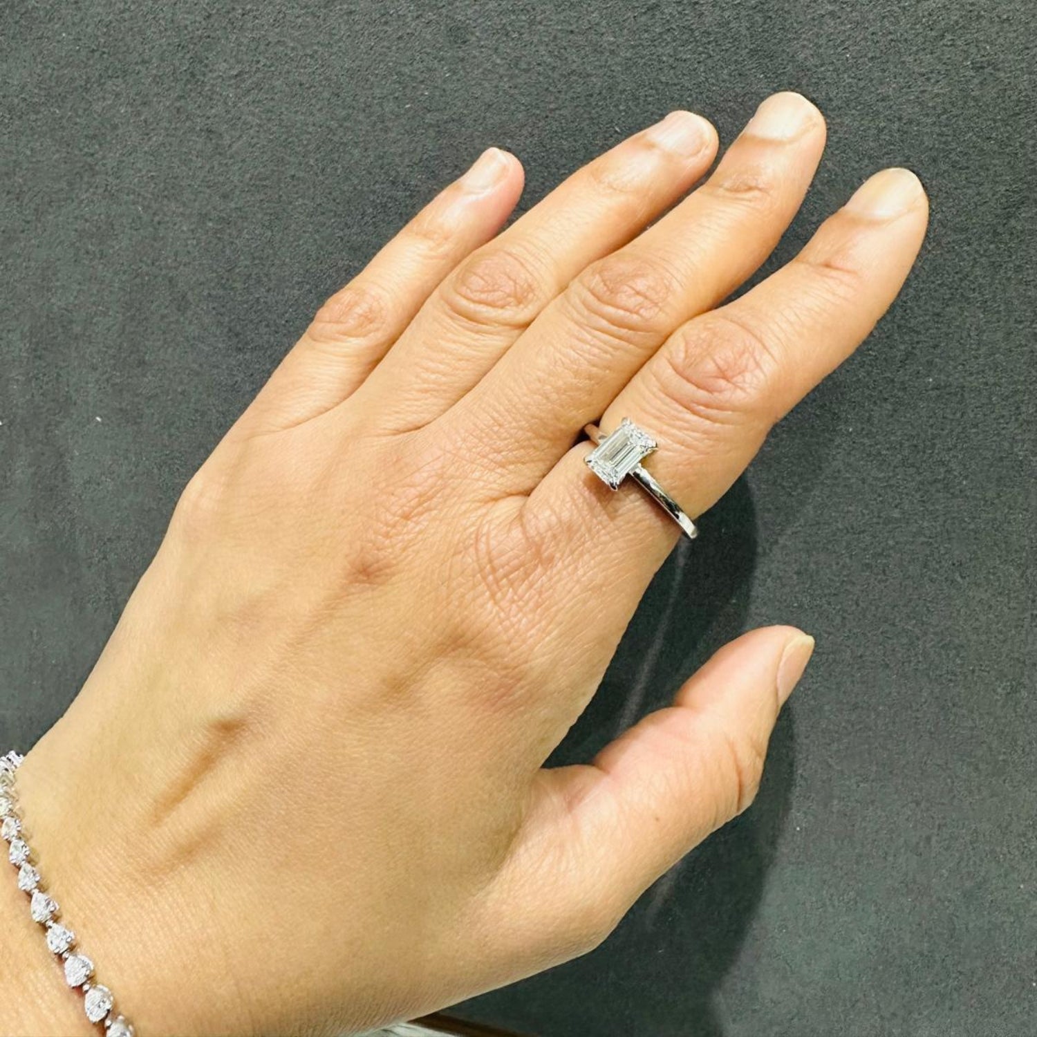 IGI Certified 1.55Ct Emerald Cut Lab Grown Diamond Solitaire Ring Sterling Silver Proposal Ring