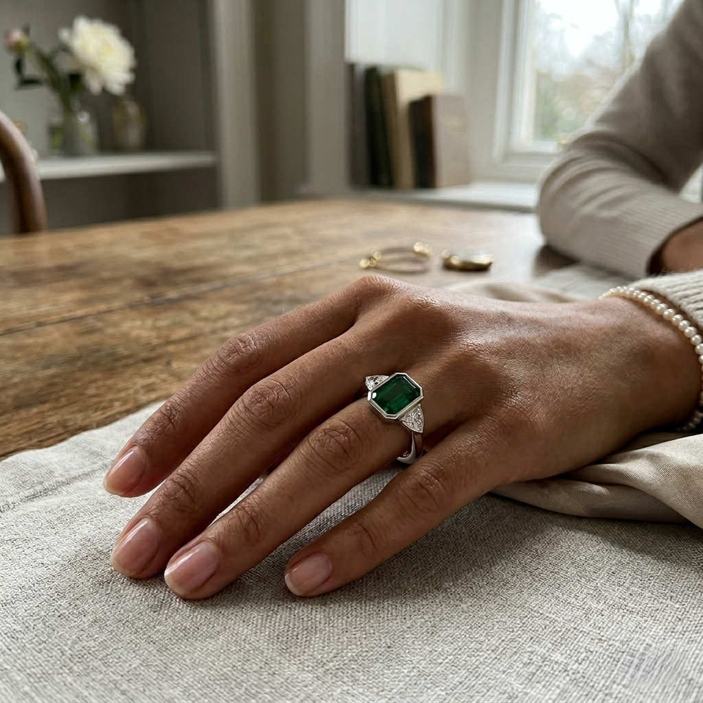 Three Stone Ring, Trillion Diamond Ring, Diamond Side Stone Ring