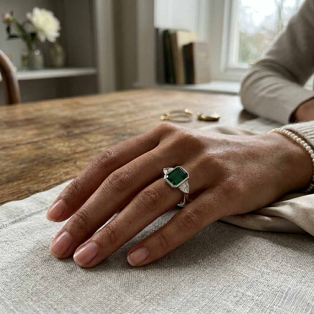 Three Stone Ring, Trillion Diamond Ring, Diamond Side Stone Ring