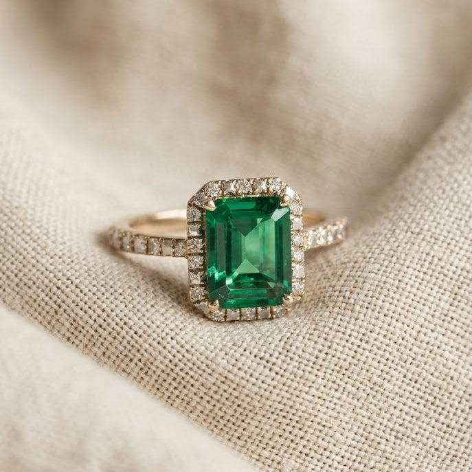 Astra 1.50ct Lab Emerald and Diamond Halo Shoulder Set Octagon Cut Ring in 18K Gold Vermeil
