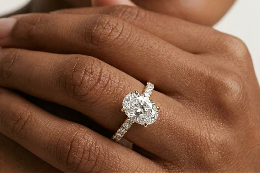 Oval 2.00ct Hidden Halo Lab Diamond Engagement Ring With Side Stones in 18K Gold