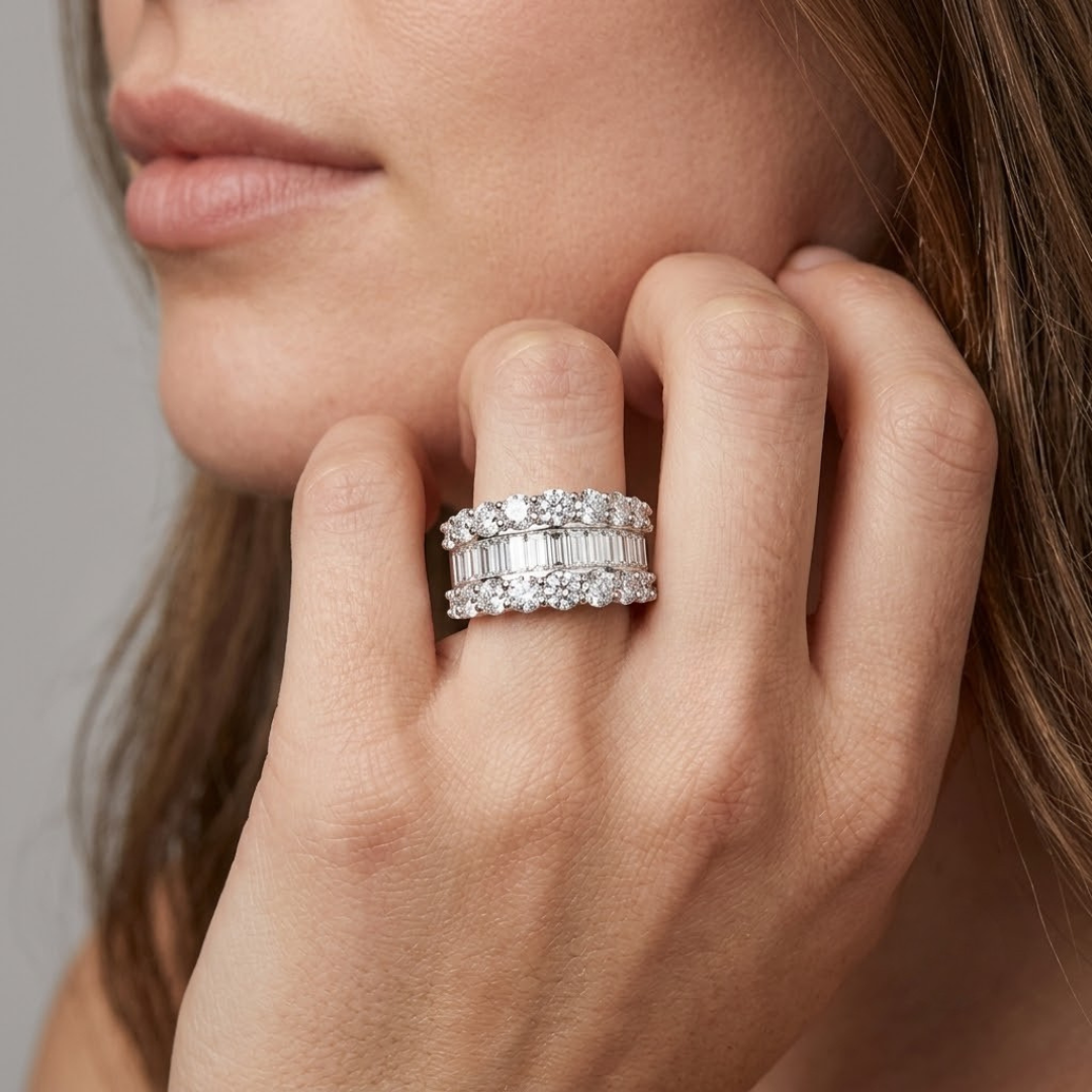 Fine Diam baguette and round diamond eternity band for birthdays.