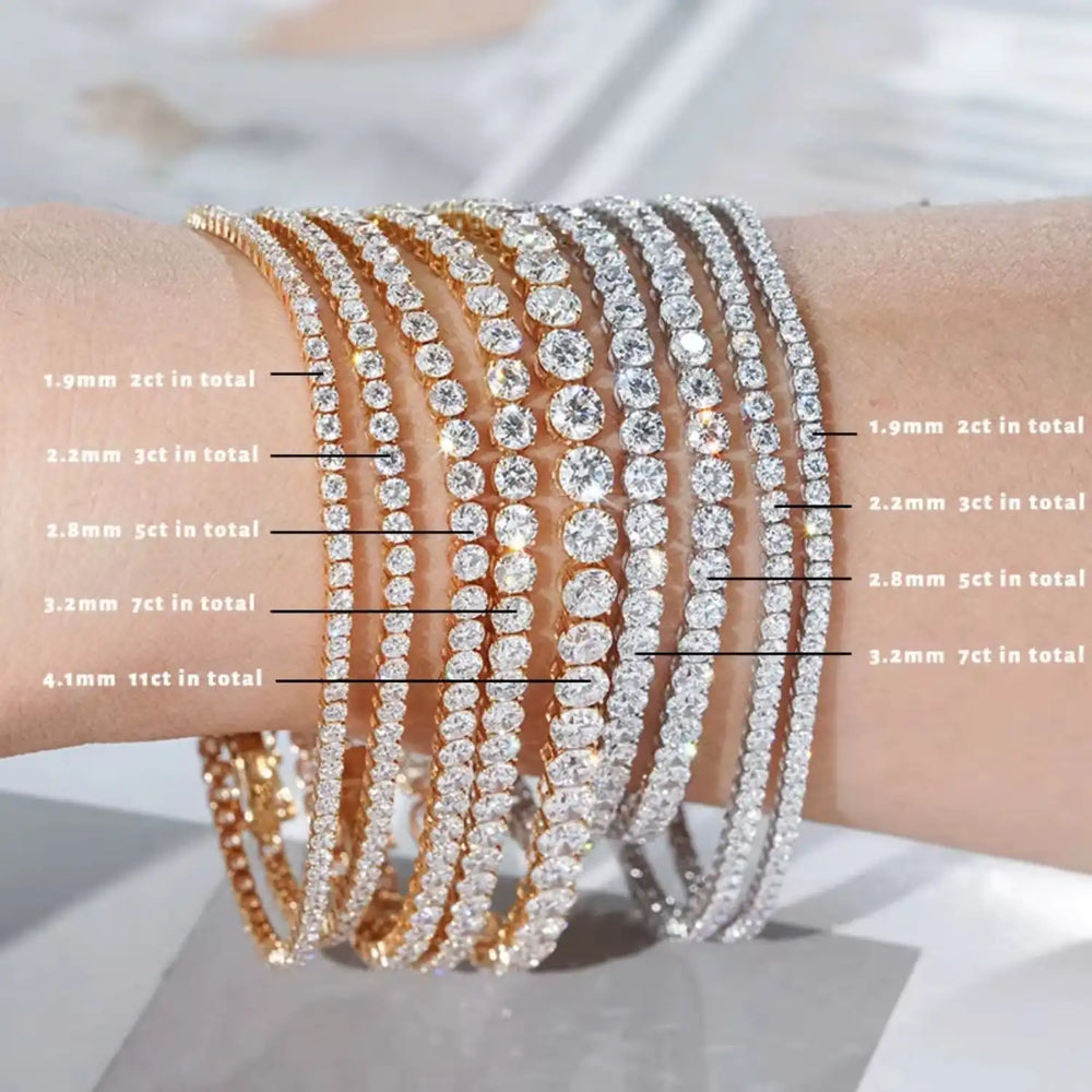 FineDiam diamond tennis bracelets comparing 1.9mm to 4.1mm stones and total diamond weights from 2ct to 11ct.