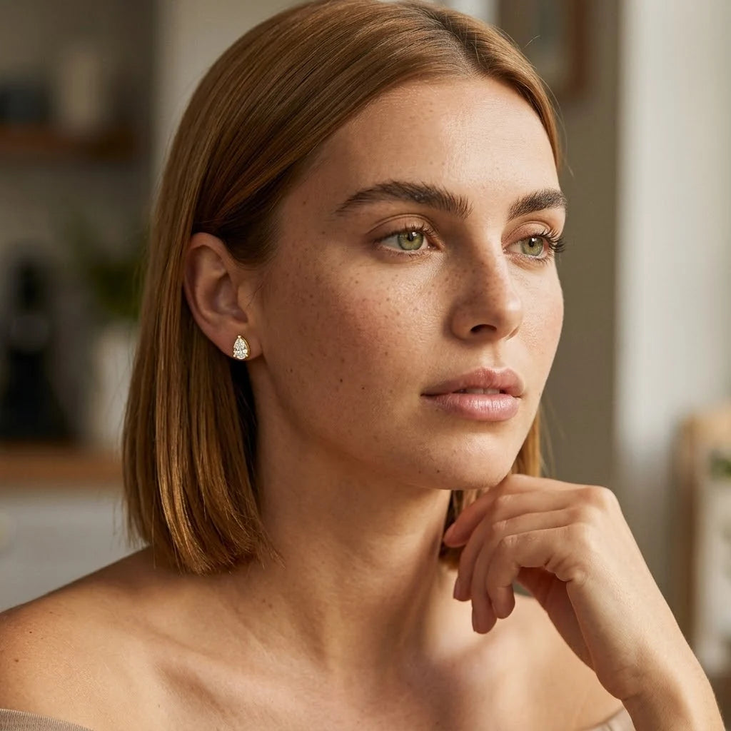 FineDiam pear-shaped diamond stud earrings featuring a sparkling diamond halo and polished white metal edges.