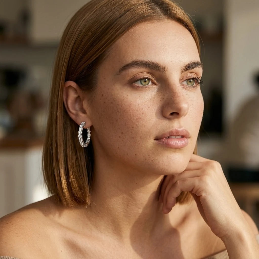 FineDiam diamond hoop earrings with a continuous arrangement of round stones in white metal settings.