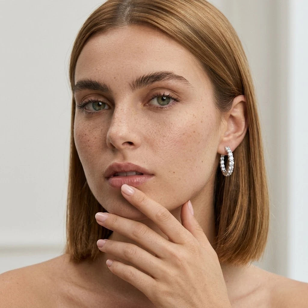 FineDiam white metal hoop earrings featuring closely set round diamonds along the curved hoops.