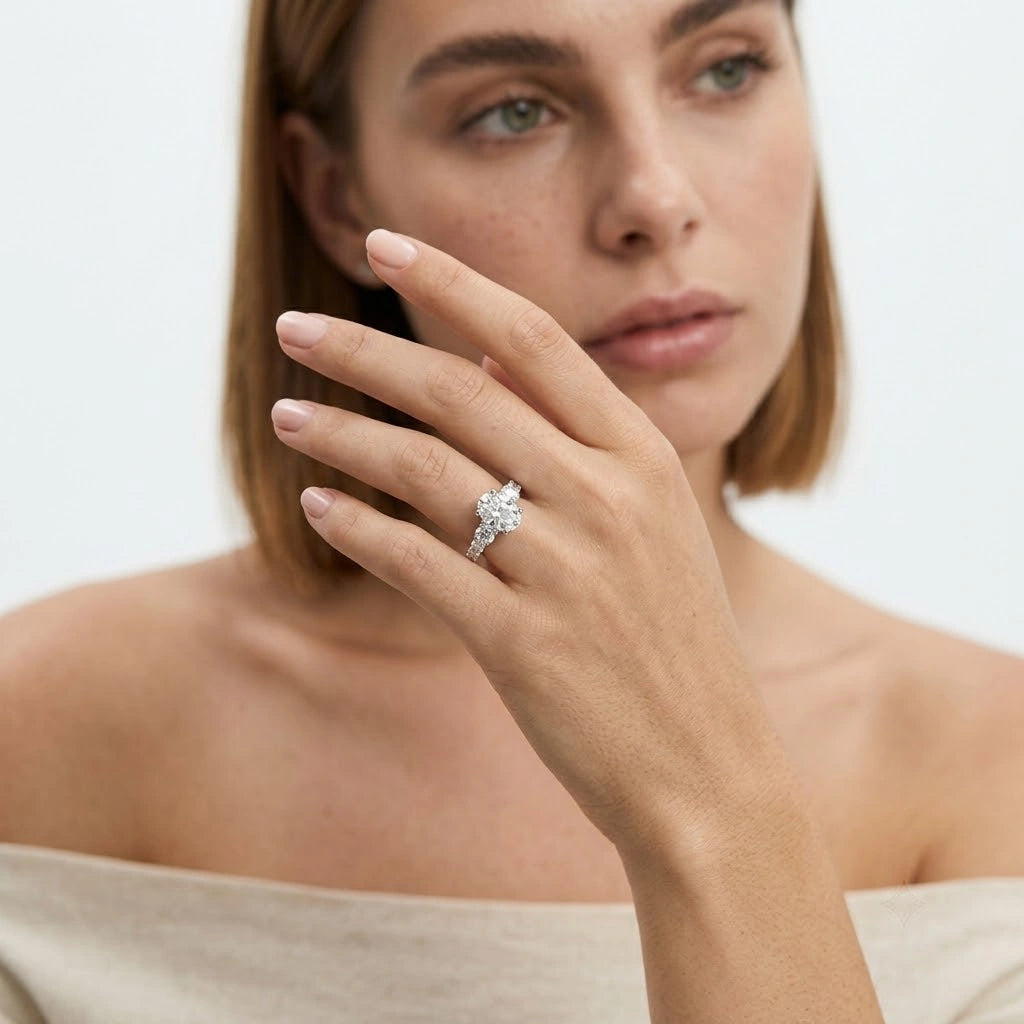 FineDiam white metal diamond cluster ring featuring a floral centre design with sparkling stone set shoulders.