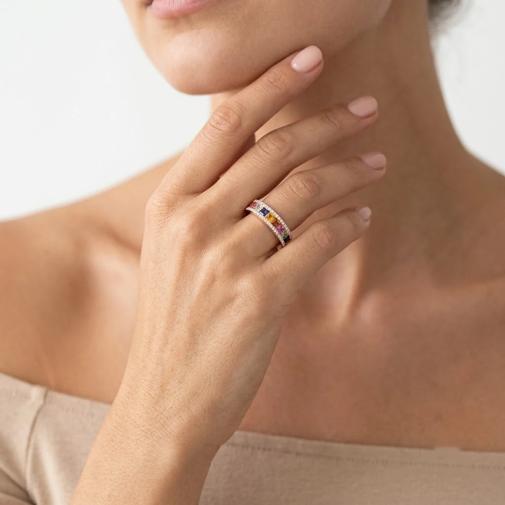 FineDiam multicolour gemstone band ring with square cut coloured stones and sparkling diamond borders in yellow gold.