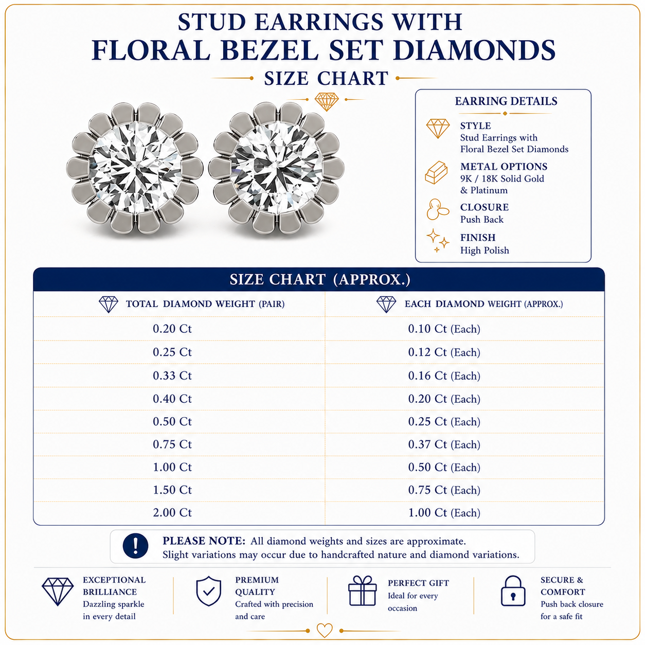 Stud Earrings with Floral Bezel Set Diamonds - Solid Gold