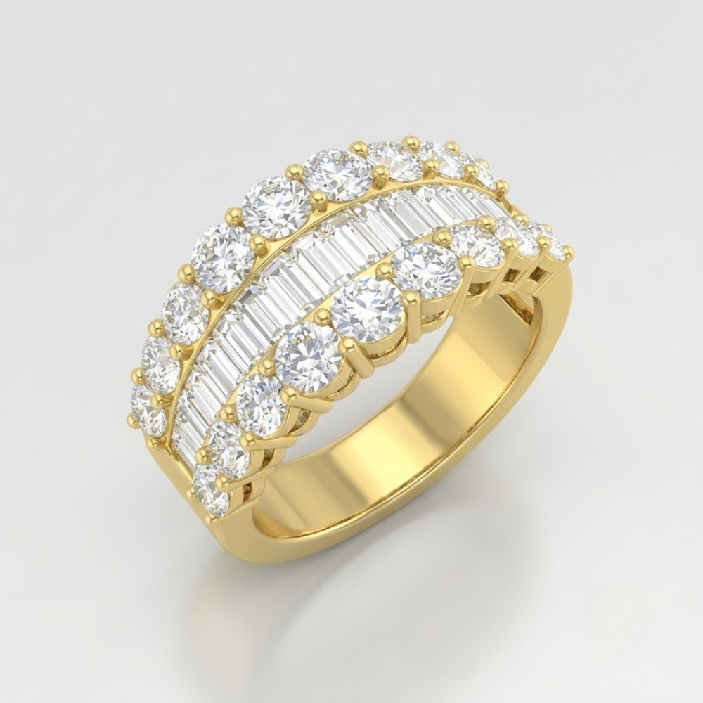 Gold baguette and round diamond eternity band, wedding gift.