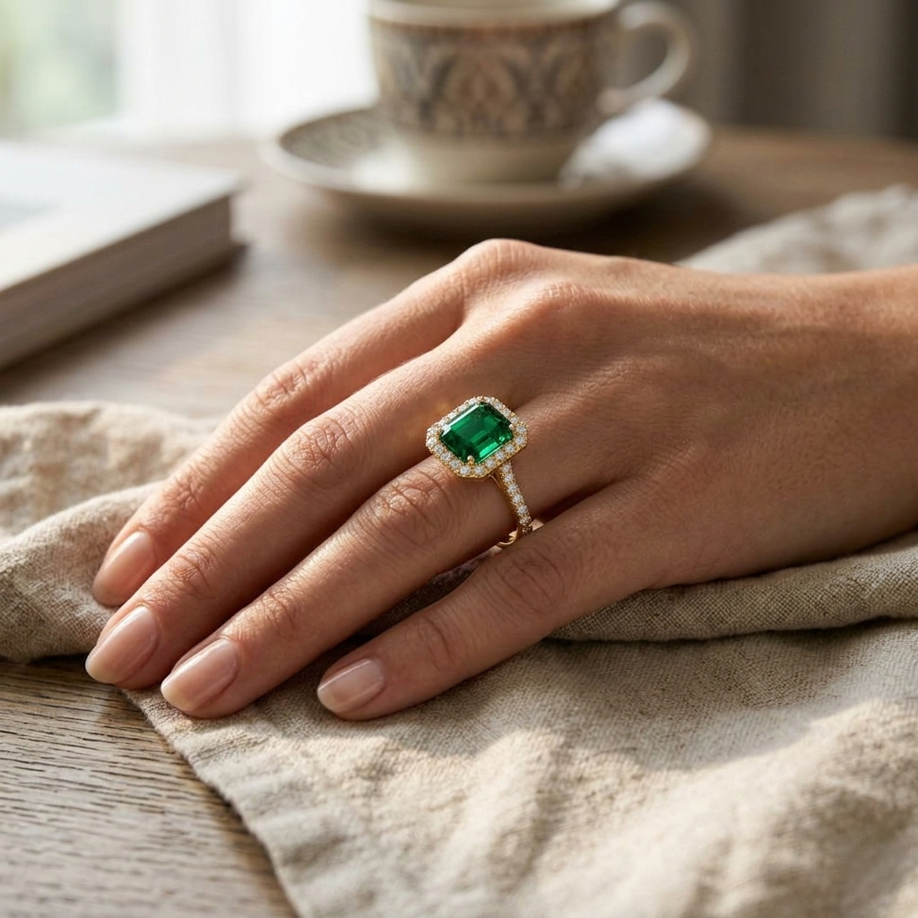 9K Yellow Gold Green Emerald Cut Diamond Ring with Natural Round Diamond Halo Statement Ring