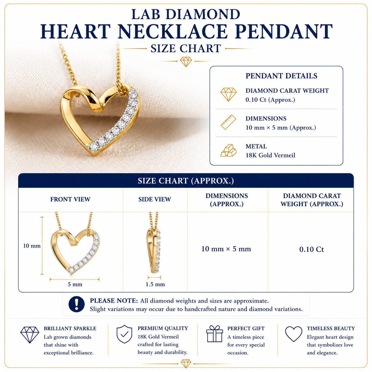 Lab Diamond Heart Necklace Pendant 0.10ct H/SI in 18K Gold Vermeil | FineDiam