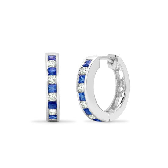 Blue Sapphire & Lab Grown Diamond Huggie Hoop Earrings 9K White Gold 0.75ct