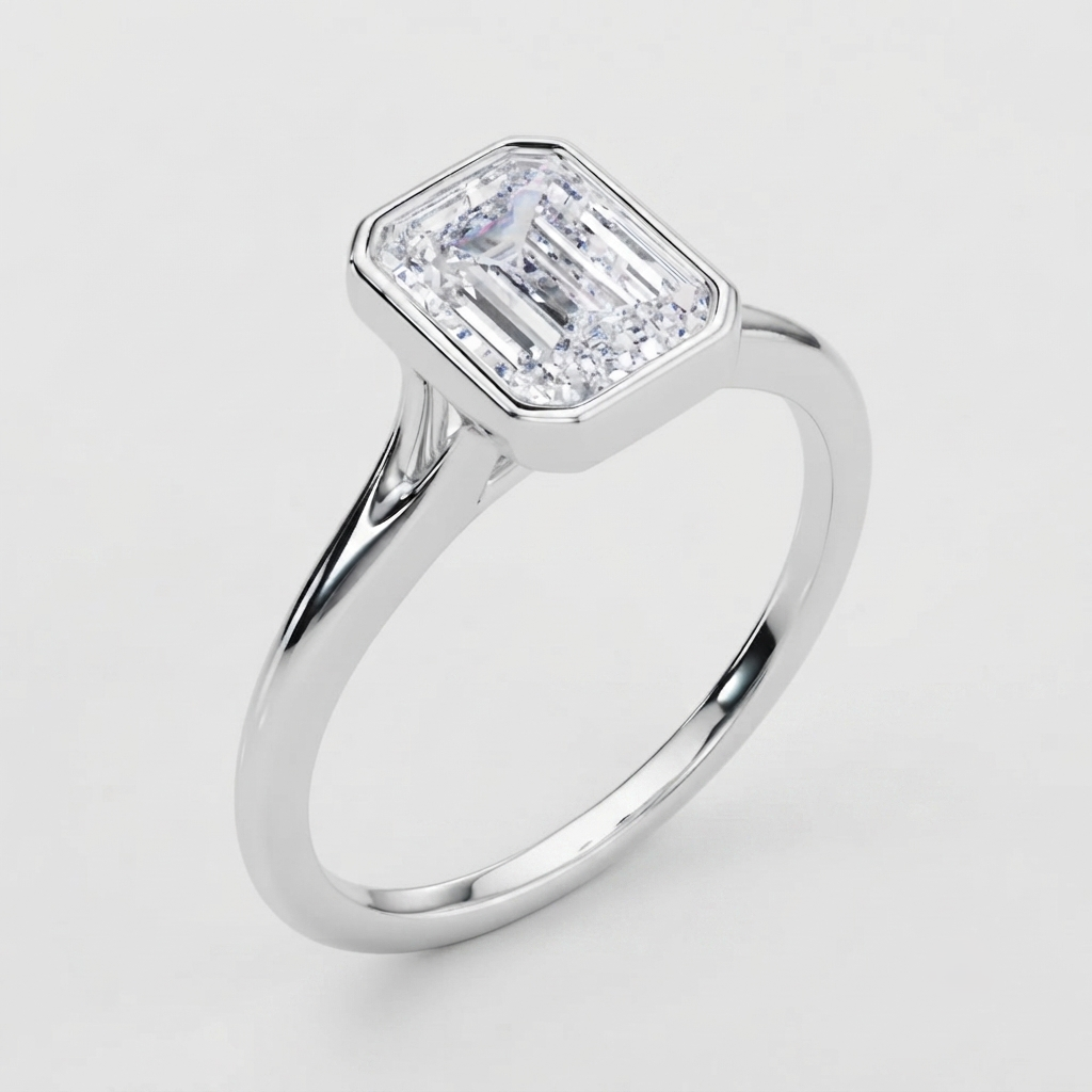 IGI Certified Emerald Cut Lab Grown Diamond Bezel Engagement Ring Birthday Gift